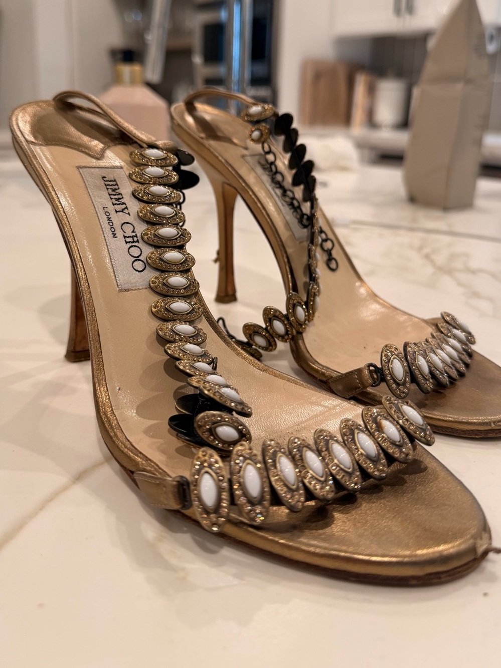 Jimmy Choo Gold Embellished Open-Toe Heels